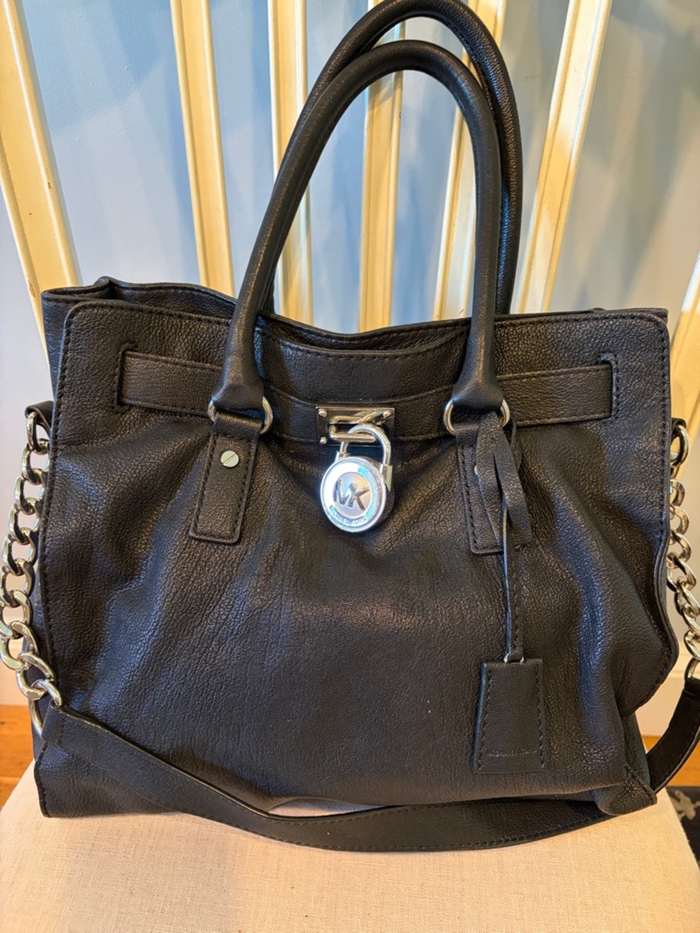 Michael Kors Black Leather Tote with Chain-Accent Strap